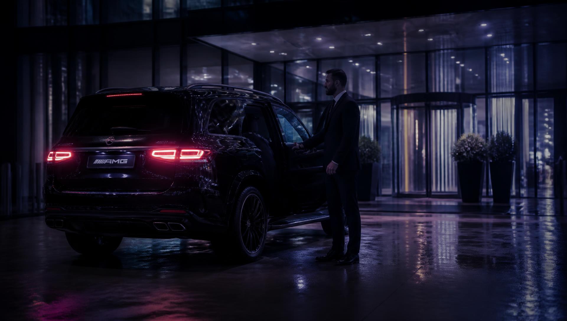 Professional chauffeur opening the door of a black AMG SUV at night