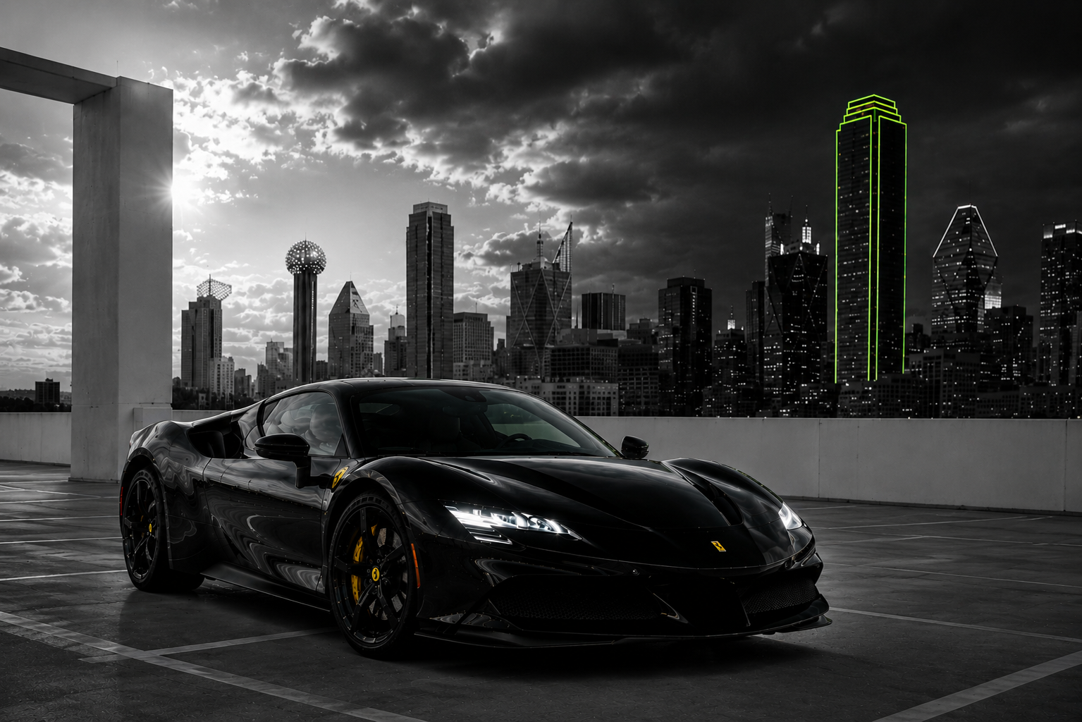 Ferrari SF90 with the Dallas skyline at sunset